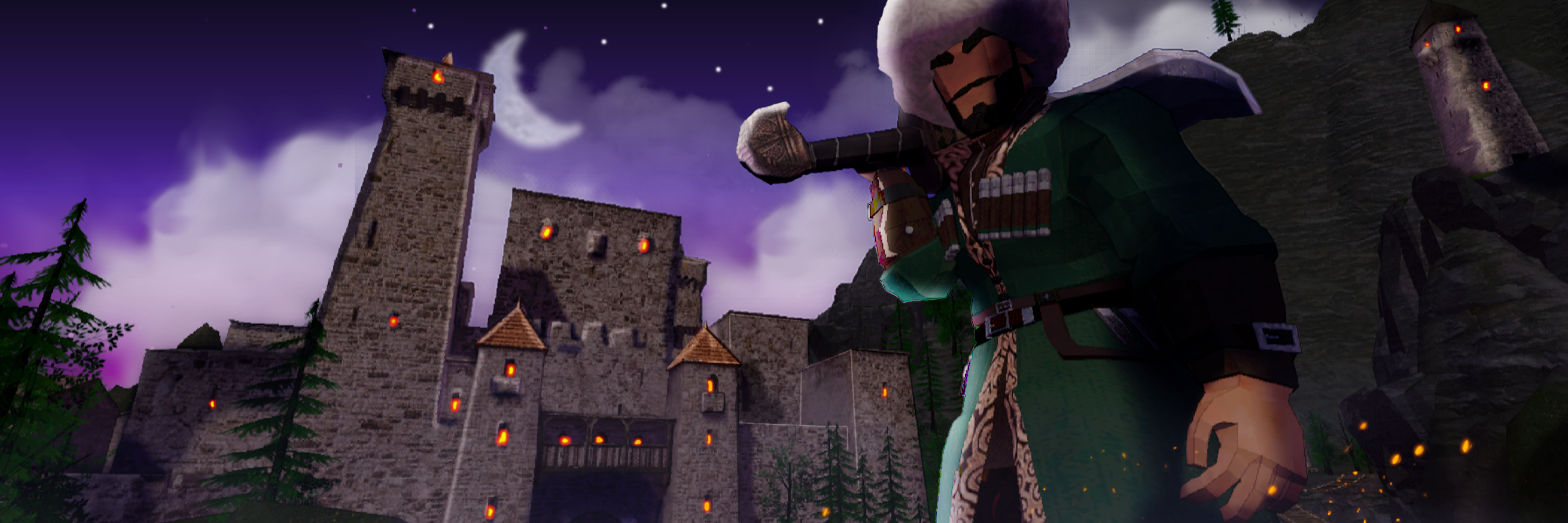 A warrior carrying a sword beside a mountain fortress under a purple night sky.