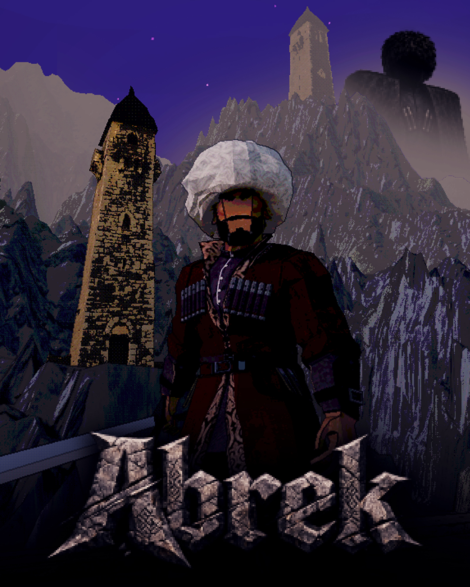 Abrek hero poster with a Caucasus-inspired warrior and mountain towers