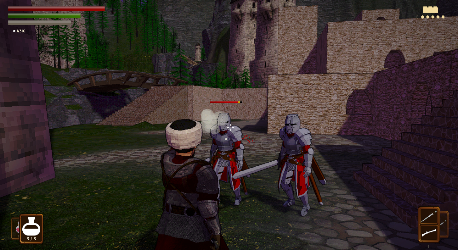 Early development gameplay showing the protagonist confronting two armored enemies in a stone settlement.