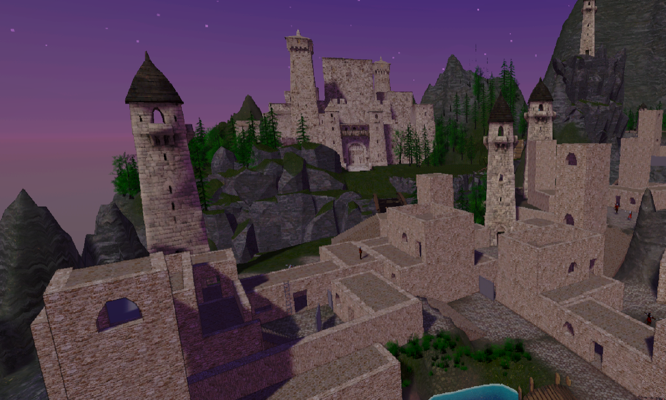 Stone towers, courtyards, and mountain fortifications beside a river in an early development scene.